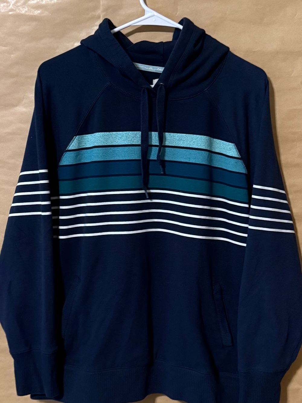 L.L.Bean Outside Everyday XL Navy Teal Striped Pullover Hoodie